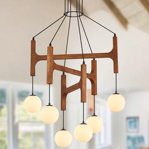 Farmhouse L28 '' Wooden Chandeliers with Milk Glass Globes Lampshades, Rustic Unique Mid Century Long 6-Light Pendant Chandelier for Living Dining Room Entryway Bedroom Kitchen,G9,Wood Stained Walnut - color: Walnut, size: L28 inches