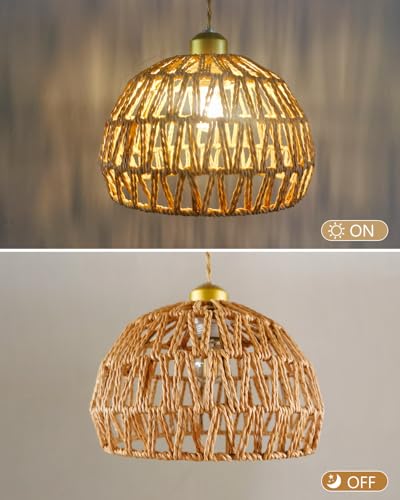 Rattan Pendant Light Fixtures, 9.8” Boho Woven Basket Pendant Light, Handmade Wicker Hanging Lamp, Rustic Wicker Chandelier for Kitchen Island, Dining Room, Living Room, Bedroom, E26 Base - color: 9.84″-Round
