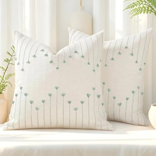 ZONYO Boho Throw Pillow Covers 18x18 Set of 2, Outdoor Textured Woven Cotton Decorative Cushion Covers with Fringe Tassel, Fade Resistant Washable for Couch Sofa Bed Patio Chair, Sage Green - color: Green, size: 18" x 18" (Pack of 2)