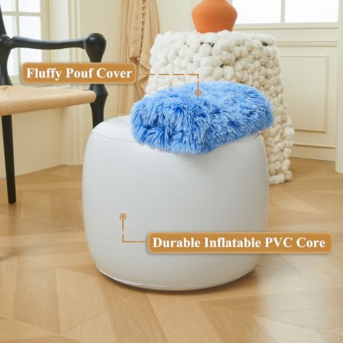 XeGe Fluffy Faux Fur Inflatable Pouf Ottoman, Soft Shaggy Fuzzy Foot Stool, Plush Furry Foot Rest Floor Pouf Anti-Slip, Foldable Round Ottoman Cushion Living Room Bedroom Home Decor, Ombre Blue - color: Ombre Blue, size: 20"x20"x16"