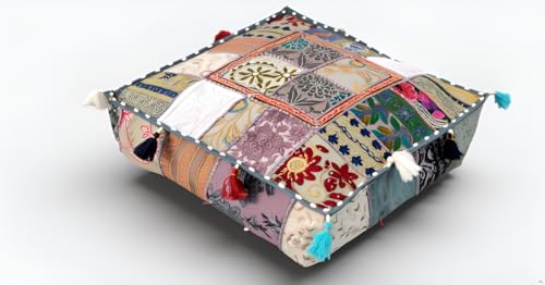CRAFT KALA Indian Square Patchwork Traditional Pouf Cover Indian Living Room Poufs Decorative Embroidered Designer Ottoman Home Living Footstool Chair Cover Decor Pillow Cover 18x18x5 inches, Grey - color: Grey, size: 18"D x 18"W x 5"H