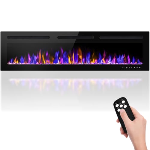 BETELNUT 68" Electric Fireplace Wall Mounted and Recessed with Remote Control, 750/1500W Ultra-Thin Wall Fireplace Heater W/Timer Adjustable Flame Color and Brightness, Log Set & Crystal Options - size: 68 Inch