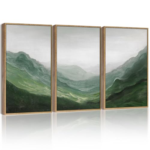 SHENIFY Fog Pine Green Tree Forest Canvas Wall Art 11x14in Framed Nordic Nature Modern Mountain Artwork Prints Decor - Natural Framed - color: Green mountains, Natural Framed, size: 11"x14"