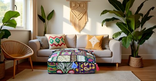 CRAFT KALA Indian Square Patchwork Traditional Pouf Cover Indian Living Room Poufs Decorative Embroidered Designer Ottoman Home Footstool Chair Cover Decor Pillow Cover 22x22x5 inches, Dark Green - color: Dark Green, size: 22"D x 22"W x 5"H