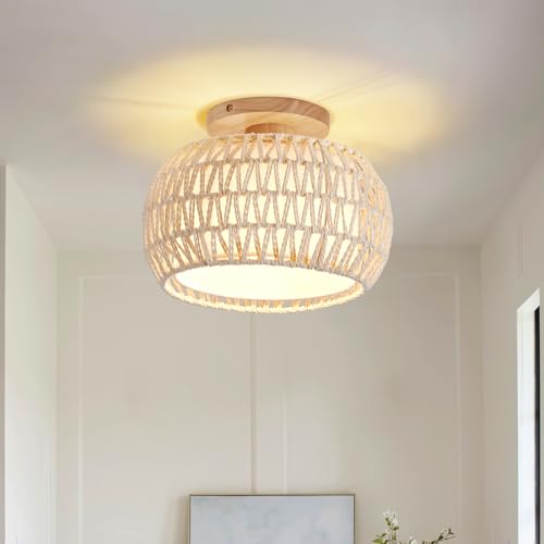 Boho Rattan Ceiling Light Fixture - 3 Style Options Wicker Semi Flush Mount Ceiling Lights,Beige Coastal Light Fixtures,Bohemian Woven Basket Chandelier for Hallway Bedroom Nursery Kitchen Laundry - color: Beige