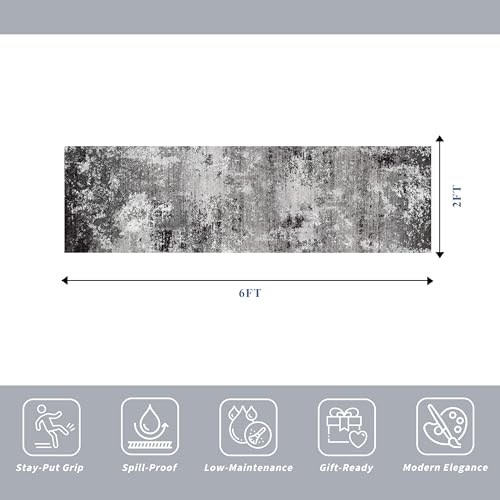 2x6ft Washable Kitchen Runner Rug – Non-Slip Low-Pile Floor Carpet Runner for Indoor Hallway, Bedroom, Bedside & Entryway, Modern Abstract Neutral (Black Grey,2x6) - color: Black Grey, size: 2' x 6' (Rectangular)