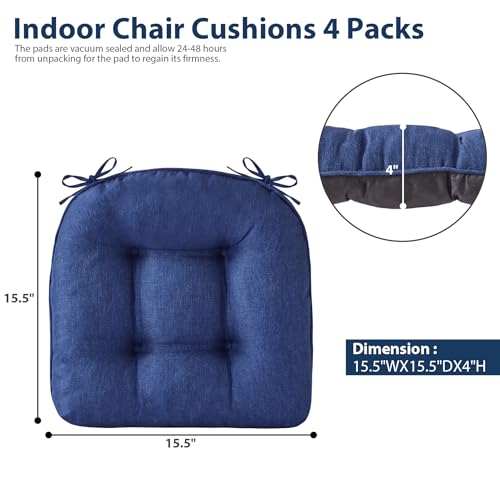 IASEAHK Chair Cushions for Dining Chairs, Seat Cushions for Kitchen Chairs, Indoor Seat Cushions with Ties, Tufted Foam Chair Pads, Non Slip Chair Cushions Set of 6, 15.5" x 15.5" x 4", Navy Blue - color: Navy Blue, size: Pack of 6