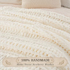 Battilo Chunky Knit Throw Blanket for Couch, Hand Made Chenille Throw Blanket, Super Soft Warm Cozy Cream White Blanket for Bed, Sofa, Living Room, 50"x60" - color: Cream White