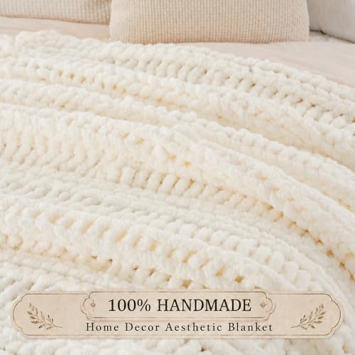Battilo Chunky Knit Throw Blanket for Couch, Hand Made Chenille Throw Blanket, Super Soft Warm Cozy Cream White Blanket for Bed, Sofa, Living Room, 50"x60" - color: Cream White
