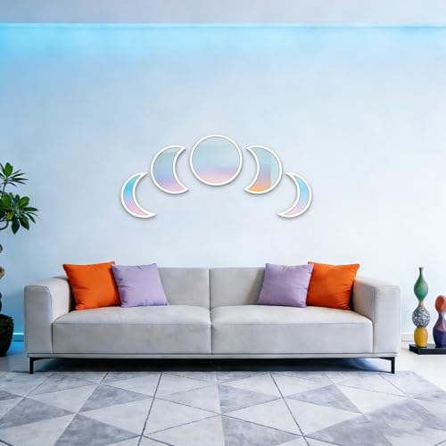 5-piece Set of Moon Phase Mirror Decorations in Nordic Style, Acrylic Mirror paired with Wooden Combination, Bohemian Style Living Room Bedroom Home Decoration, White (White) - color: White