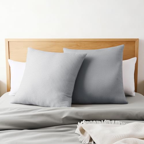 Shunjie.Home 100% Cotton Waffle Weave Throw Pillow Covers Set of 2, 600TC Solid Reverse Side, Hidden Zipper Closure, Skin-Friendly & Durable Decorative Euro Shams for Couch Sofa Bed, Gray, 24"x24" - color: Gray, size: 24" x 24" (Pack of 2)