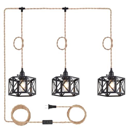 3 Light Plug in Pendant Light Rattan Hanging Lights with Switch 22FT Industrial Ceiling Light,Plug in Cord with Woven Hemp Rope Lamp Shade, Hanging Lamp Cord Farmhouse Cable DIY - color: 3 Light Style A