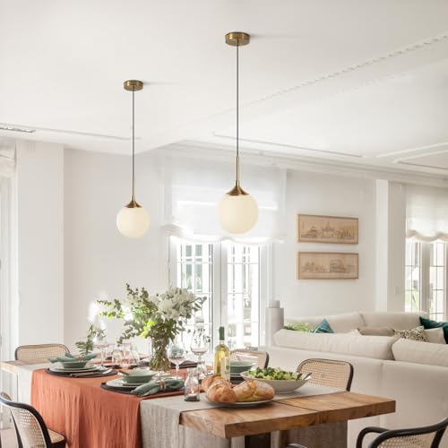 KCO Lighting Mid Century Modern Milk Glass Pendant Light Large White Globe Hanging Light Gold Ceiling Light Fixture 1 Light Pendant Lighting Brushed Brass Hanging Light Fixture - color: White
