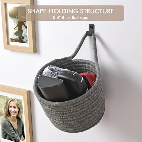 Fabric Wall Hanging Baskets - 3Pack Woven Pouchs Boho Style Wall Mounted Bag with Adhesive Hooks, Storage Organizers and Decoration Pocket Caddy Bins on Door Rack (Dark Gray & Black, Large) - color: Dark Gray & Black