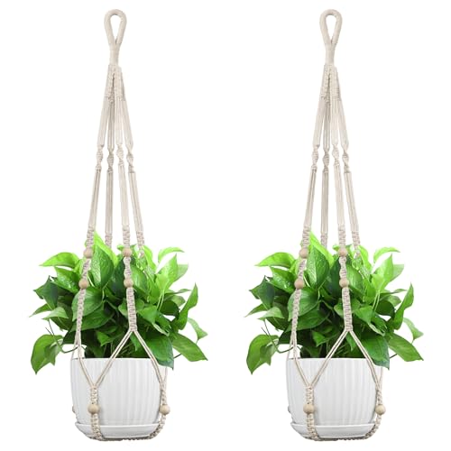 Macrame Plant Hanger - Fits 4-13 Inch Pots, Hanging Planter Holder for Indoor Outdoor, Cotton Rope Boho Home Decor, 35 Inch, Set of 2, Ivory - color: Ivory, size: 35+35in