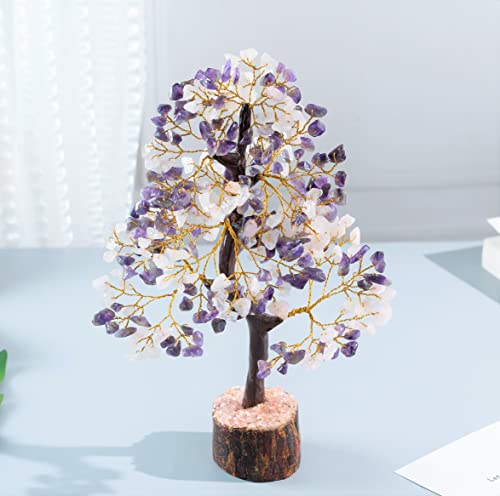 Crocon® Amethyst & Rose Quartz Crystals Tree Home Decor, Birthday Gifts for Women, Sister Gemstone Gift for Her Money Tree Crystals and Healing Stones House Warming Gift New Home, Pink Decor Present - color: Amethyst + Rose (Golden Wire)