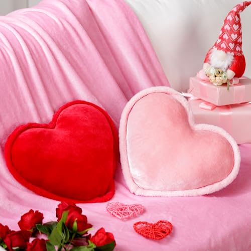 Roowest 2 Pack Valentine's Day Velvet Heart Pillows Soft Decorative Cute Love Fringe Throw Pillow Back Cushion for Girls Women Bed Sofa Couch Living Room Home Decor Wedding Gift(Red Pink)