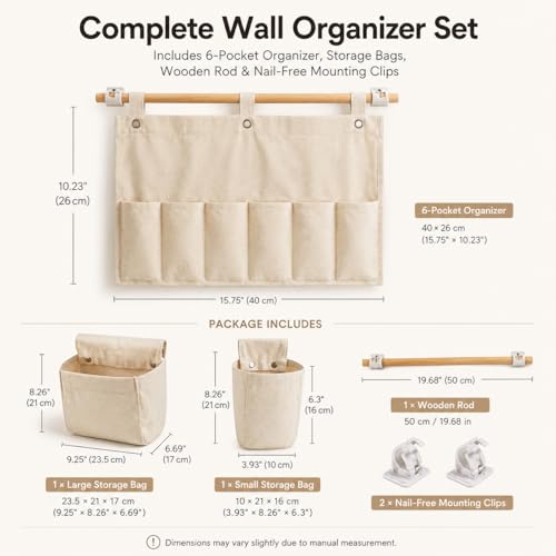 No Drill Canvas Wall Organizer with Mounting Clips, Hanging Pocket Organizer with Wooden Rod, Fabric Wall Storage for Bedroom, Bathroom, Entryway (Medium & Small Set) - size: Medium & Small Set