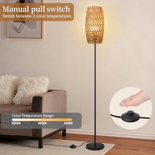 Ruiever Floor Lamp for Living Room,Farmhouse Floor lamp,Modern Standing lamp with Hand-Worked Rattan Shade (Drum Shade-with Remote) - style: Drum Shade-with Remote