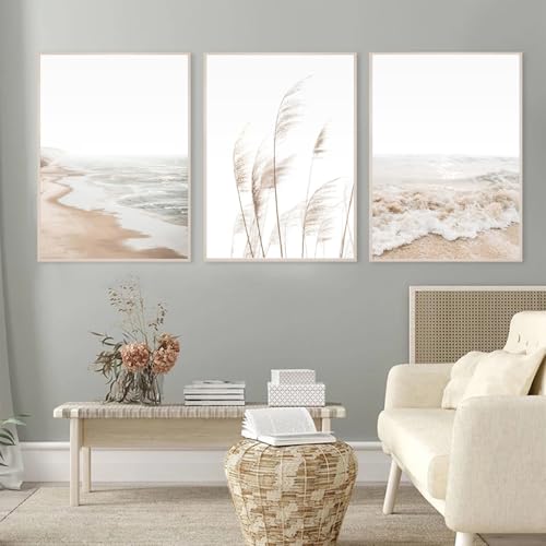 Joocrise Beach Wall Art Boho Prints Coastal Canvas Wall Art Decor Beach Pictures Pampas Grass Ocean Poster Plant Landscape Scene Artwork for Living Room Bedroom 12x16 Inch Unframed Set of 3 - color: Beach Art Prints, size: 12x16 Inch Unframed
