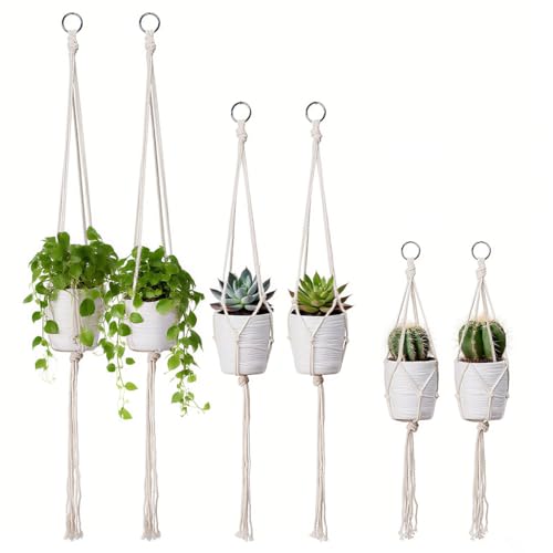 6 Pack Macrame Plant Hanger, Indoor Hanging Plants Holder, 3 Sizes 39"/31"/23", Outdoor Boho Home Decor Hanging Baskets, (POTS NOT Included)