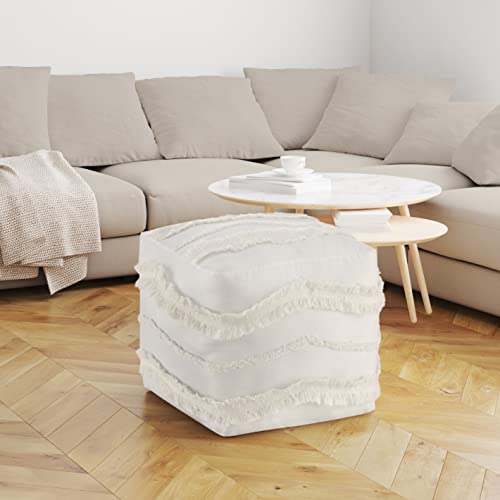 KB & Me Off White Ivory Canvas Boho Chic Tufted Pouf Cover Square Bohemian Fringe Minimalist Geometric Ottoman Storage Case Modern Foot Rest Floor Pillow Decorative Unstuffed Pouffe Cube