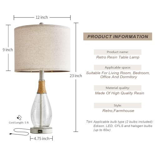 OYEARS 23" Table Lamps for Living Room Set of 2 Bedside Lamps for Night Stands Bedroom Lamps Farmhouse Rattan Boho Lamp Glass Nightlight End Table Lamp with USB C+A (White),Two Light Points - color: Washed White