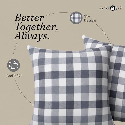 Native Fab Throw Pillow Covers 2 Pack, 12x20 Inches, 100% Cotton, Woven Gingham Plaid, Premium Decorative Cushion Cases, Modern Farmhouse Decor for Living Room, Sofa, Couch, Stone & Charcoal Grey - color: Gingham Stone & Charcoal Grey, size: 20" x 12" (Pa