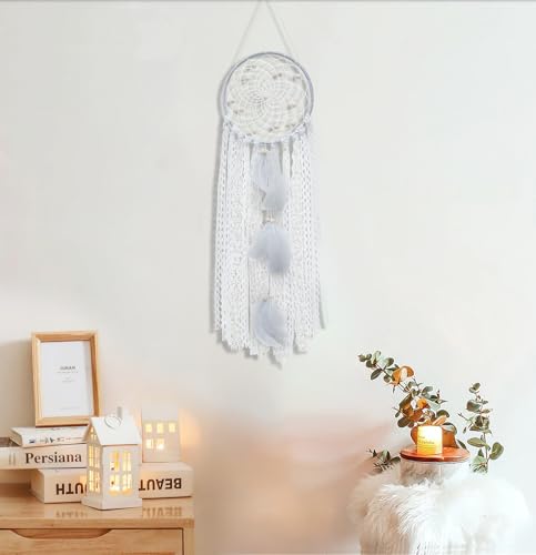 Dream Catchers Boho Wall Decor Moon and Sun Feather Handmade Traditional Dream Catcher Wall Hanging Decor for Kids Bedroom Adult Living Room Home Bohemian Decorations (Grey Set) - color: Grey
