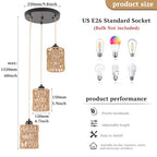 Finktonglan 3-Light Rattan Pendant Light, Boho Farmhouse Woven Hanging Light Fixture, Adjustable Kitchen Island Pendant Lighting for Dining Room Bedroom Entryway, Bulbs Not Included