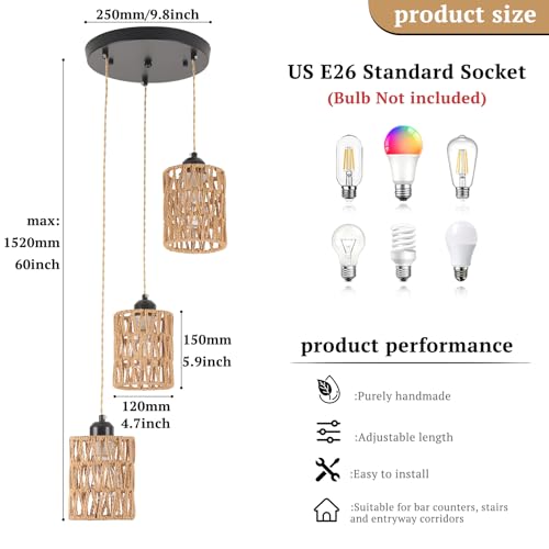 Finktonglan 3-Light Rattan Pendant Light, Boho Farmhouse Woven Hanging Light Fixture, Adjustable Kitchen Island Pendant Lighting for Dining Room Bedroom Entryway, Bulbs Not Included