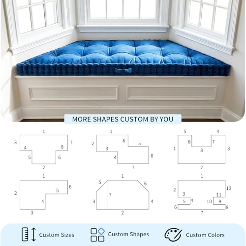 Custom Bench Cushion, Tufted Bench Cushions for Indoor Furniture, Window Seat Cushions Indoor, Velvet Bay Window Cushion, French Floor Cushions with Handle, 4 Inch Thick, 30+ Colors