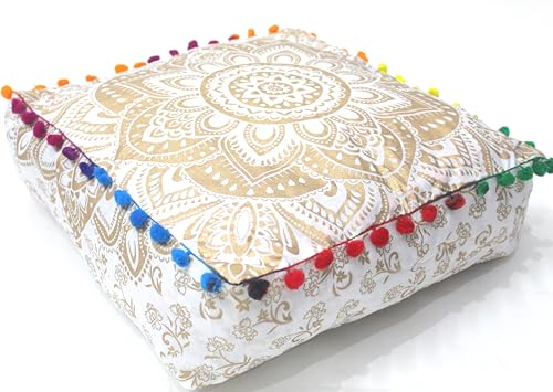 INDIAN CRAFT CASTLE ICC Mandala Barmeri Large Floor Pillow Cover Cushion Meditation Seating Ottoman Throw Cover Hippie Decorative Zipped Bohemian Pouf Ottoman Cases Golden, 18" Square - color: Golden, size: 16"D x 16"W x 5"H