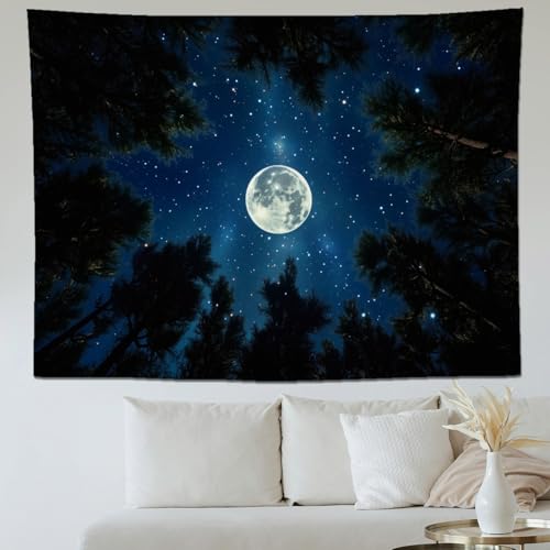 keowhsf Forest Galaxy Tapestry for Bedroom Ceiling - Starry Night Sky with Moon and Trees, Blue Aesthetic Wall Hanging, Milky Way Landscape Backdrop for Living Room and Dorm Decor - color: StarryNight, size: 48"L x 36"W