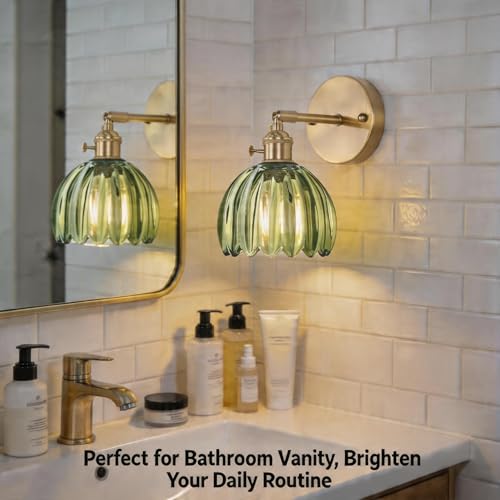 2 Pack Vintage Wall Sconces, Green Tulip Glass Shade Wall Lamp with 2 Natural Light Bulbs, Hardwired Design with Rotary Switch, Decorative Light for Bedroom Hallway Living Room - color: Green 2pcsTulip Wall Light