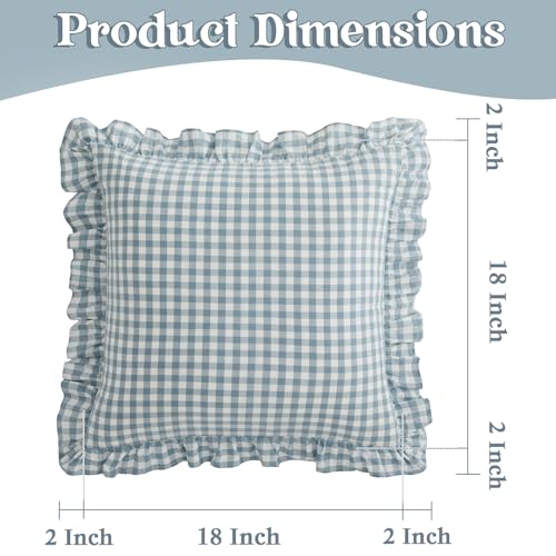 KKJIAF Ruffle Gingham Pillow Covers 18 x 18 Inches, Cotton Gingham Pillow Cases Set of 2, Linen Feel Ruffled Plaid Pillow Shams with Envelope Closure for Sofa Bed (Dusty Blue Plaid) - color: Dusty Blue Plaid, size: 18" x 18" (Pack of 2)