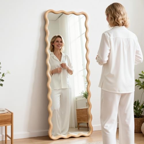 sawsile Large Full Length Mirror,18x48 inch Wood Asymmetrical Bathroom Modern Rectangle Wave Vanity Farmhouse Full Body Mirrors for Bedroom Living Room Entryway Hallway Fireplace - size: 48"L x 18"W