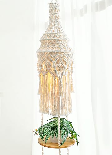 ANROYE 3-Tier Cotton Macrame Hanging Light Fixture Shelf, Boho Corner Pendant Lamp Shade Shelves, Farmhouse Ceiling Plant Hanger Indoor Decor for Women Bedroom Christmas Gift