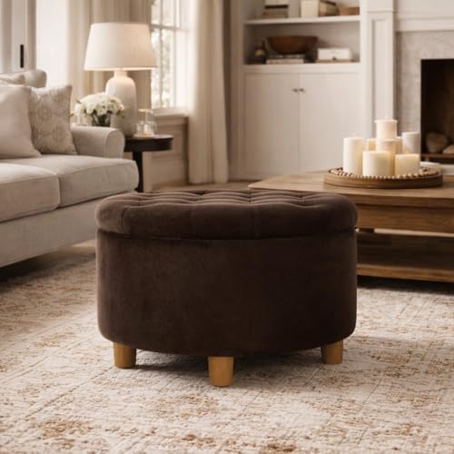 HomePop 28" Button Tufted Velvet Round Storage Ottoman - Chocolate Brown Velvet - color: Chocolate Brown Velvet