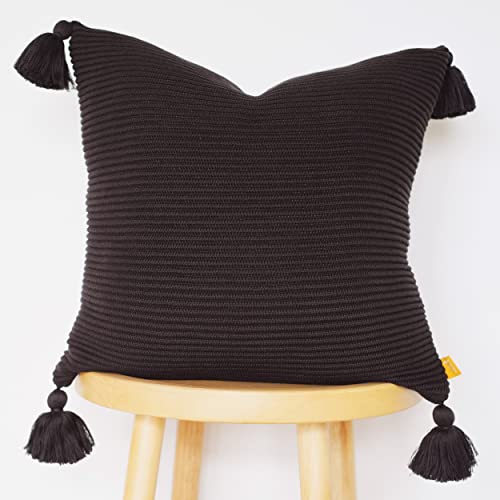 100% Soft Cotton Raised Stripes Textured Rib Knit Throw Pillow Cover with Tassels (Black, 20" x 20") - color: Black, size: 20" x 20" (Pack of 1)