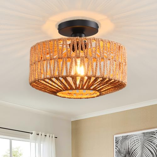 Ceiling Light Fixture,Hand-Woven Rattan Flush Mount Ceiling Light,Farmhouse Light Fixtures Ceiling Mount Boho for Hallway Bedroom Kitchen Entryway Living Room - color: 11.4 IN Ceiling Light