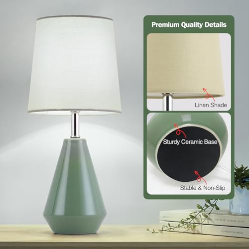 Small Bedside Table Lamp for Bedroom - Reading Desk Lamp with 3 Color Temperatures，15.5" Nightstand Ceramic Lamp with Fabric Shade for Kids Room,Living Room,Dorm,Home Office (Green) - color: Green, size: 15.5"