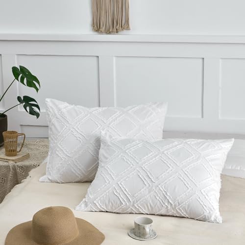 Standard Pillow Shams 2 Pack, Standard Size Pillowcases, Soft Microfiber Geometric Tufted Pillow Covers with Envelope Closure, White, 20x26 Inches (No Insert) - color: White-grid, size: Standard(20*26)