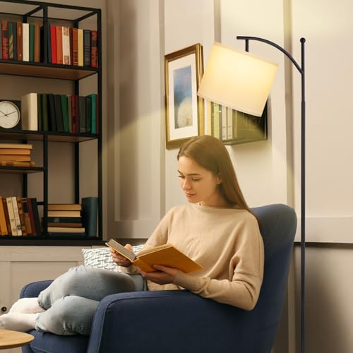 Ambimall 60" Floor Lamp with 3 Color Temperatures, Adjustable White Shade, Black Pole - Tall Lamp for Living Room, Bedroom, Office, Classroom, Dorm - 9W Bulb Included - color: White & Black