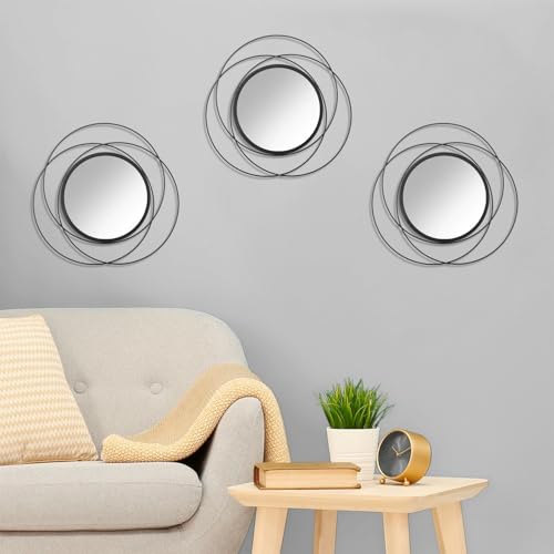 Black 3 Pcs Decorative Wall Mirror Circle Modern Mirror Round Art Ring Metal Mirrors Wall Decor Wall Mounted Mirror for Living Room Bedroom Dining Room Hallway Entryway 12" - color: Round-black, size: 3 Set 12"L x 12"W