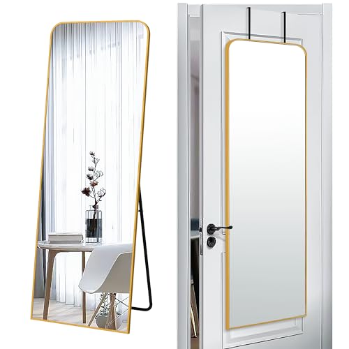 SCWF-GZ 57x20 Full Length Mirror Over The Door Hanging, Floor Stand/Wall Mounted Aluminum Alloy Frame Dressing Mirror for Bedroom Living Room 57 inch Gold - color: Gold, size: 57"L x 20"W