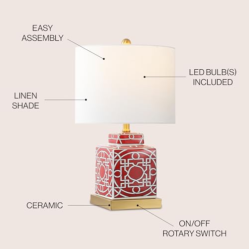 JONATHAN Y 22" Red/White Modern Ceramic Ginger Jar Table Lamp for Nightstand, Square Lattice Transitional Chinoiserie Lamp for Living Room, White Linen Shade, LED Bulb (JYL3044B) - color: Red/White