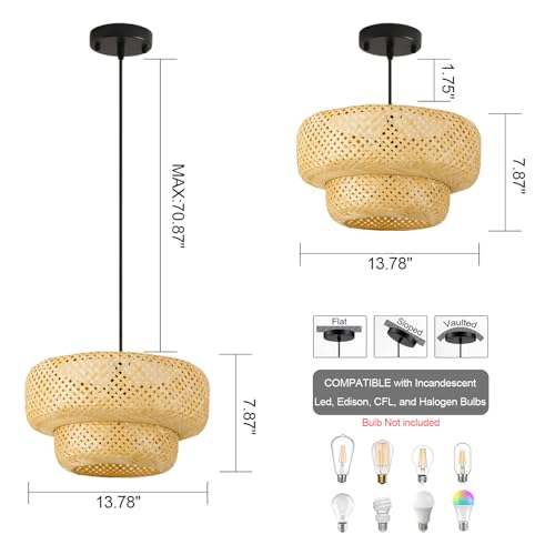 Farmhouse Bamboo Pendant Lights 13.8" Coastal Natural Rattan Wicker Chandelier Light Hand-Woven Dining Room Lighting Fixture for Kitchen Island Living Room Bedroom Restaurant Foryer - color: Beige-13.8IN