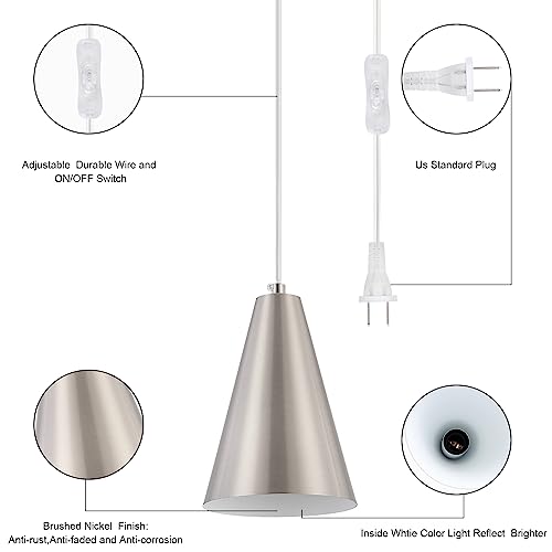 Brushed Nickel Plug In Pendant Light,Hanging Lights with Plug In Cord On/Off Switch, Mini Silver Pendant Lights for Kitchen Island,Modern Chandelier with Metal Shade,Hanging Lamps for Bedroom - color: 1Pack Brushed Nickel-Plug in