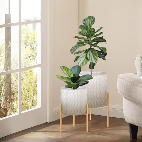 ARNIS Plants Pots with Stand, Set of 2 Indoor Planter Pots, Unique Mid Century Decorative Metal Flower Pots with Drainage,8.25 & 10.5 Inch, Grey and White - color: Grey & White, size: 8.25 &10.5